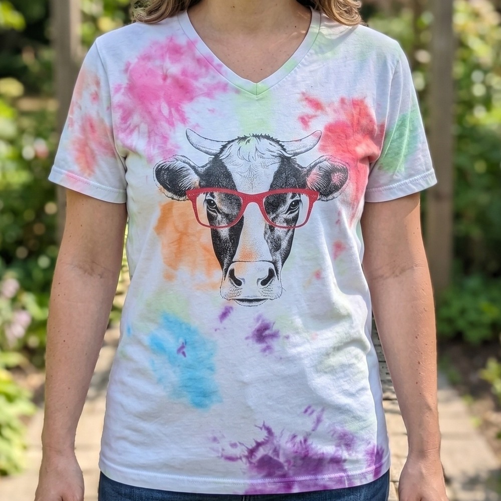 Next Level Apparel Tie Dye Cow with Glasses Graphic‎ V-Neck T-Shirt Multicolor